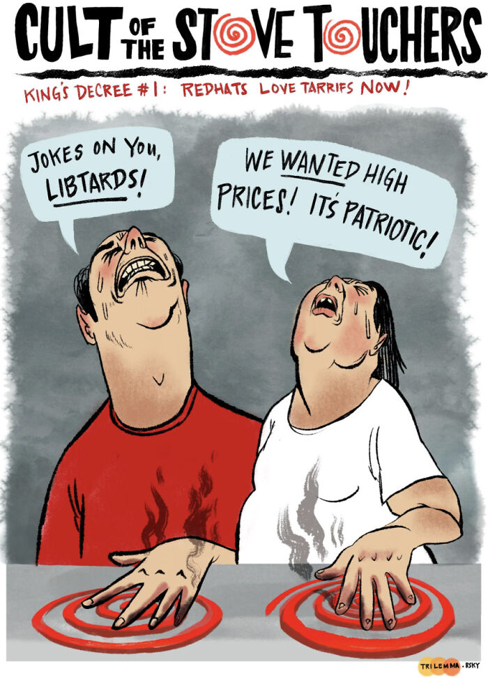 Cartoon showing two frustrated MAGA voters complaining about high grocery prices and tariffs in 2024 and 2025.