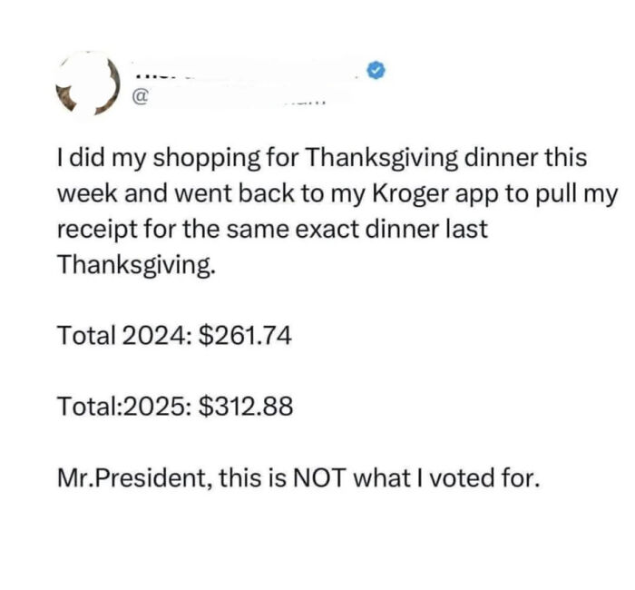 Screenshot of a viral MAGA voter complaint comparing 2024 vs 2025 grocery prices showing a significant increase.