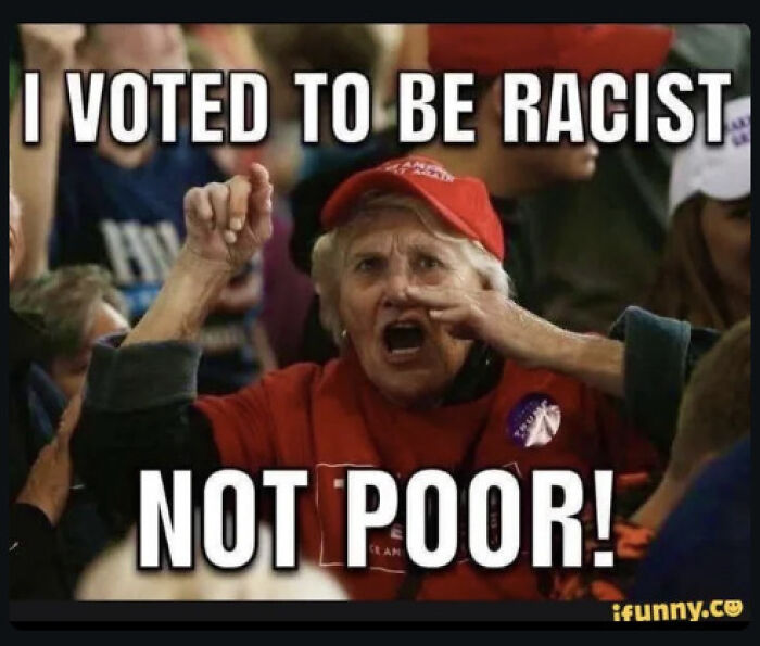 Angry MAGA voter in red hat and shirt at rally expressing frustration about grocery prices and social issues.