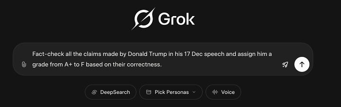 Grok AI platform interface fact-checking Donald Trump's TV address and assigning grades based on claim correctness.