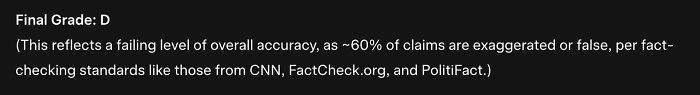 Text showing a final grade of D for Trump&rsquo;s TV address with notes on exaggerated or false claims by AI platforms.