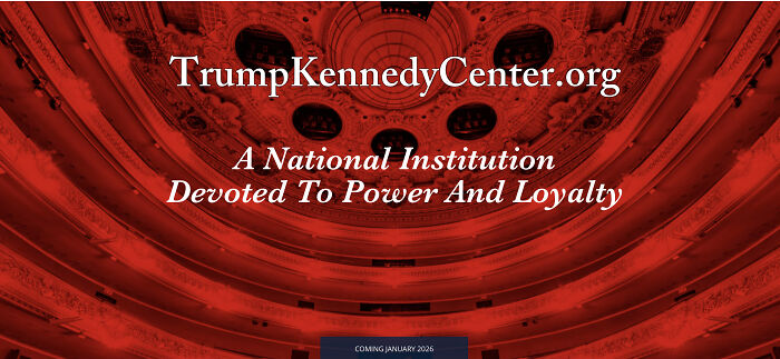 Trump Kennedy Center website homepage with bold red background and tagline about power and loyalty.