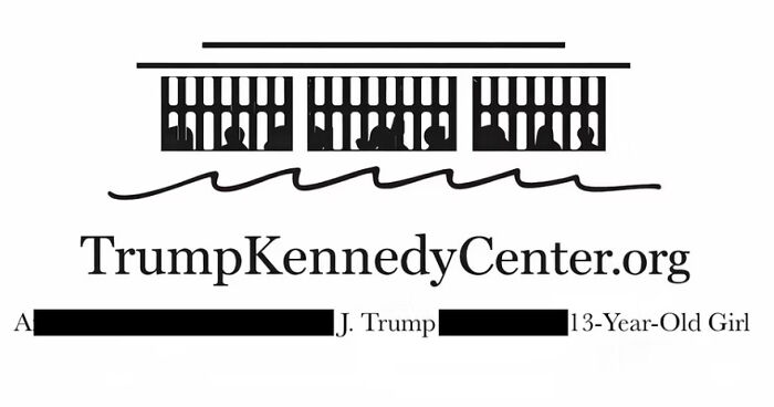 Minimalist illustration of Trump Kennedy Center website logo with abstract figures and handwritten waves, highlighting hijacked content.