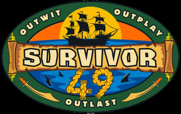 Survivor logo with a pirate ship, ocean, and the words outwit, outplay, outlast in a colorful oval design.