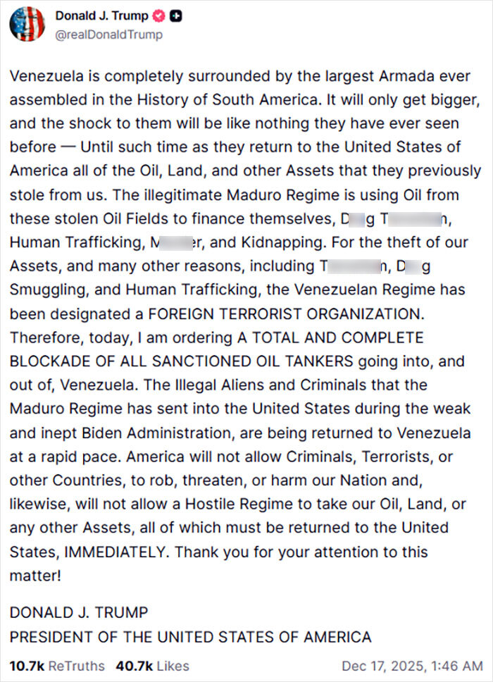 Trump Hits Venezuela With &ldquo;Total&rdquo; Tanker Blockade As Regime-Change Speculation Mounts