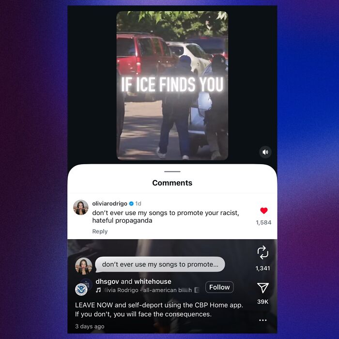 Anti-immigration video using Sabrina Carpenter&rsquo;s song with her strong response against ICE&rsquo;s actions visible in comments.