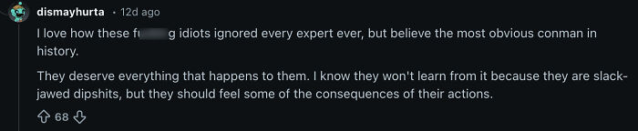 User comment on social media expressing strong criticism in response to a MAGA voter&rsquo;s 2024 vs 2025 grocery price complaint going viral.