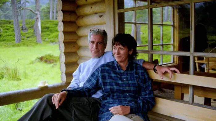 Jeffrey Epstein and Ghislaine Maxwell sitting on a wooden porch, related to DOJ files on Epstein&rsquo;s jet travel.
