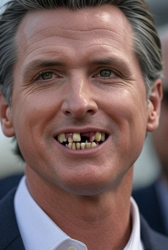 Close-up of a man smiling with altered teeth, highlighting exceptional bone density in a satirical context.