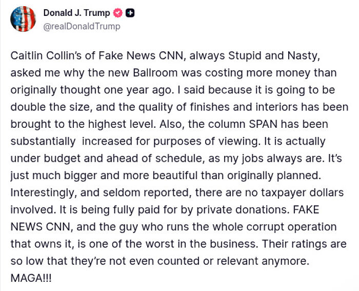 Screenshot of Donald Trump's tweet insulting CNN reporter Caitlin Collins as stupid and nasty amid criticism.