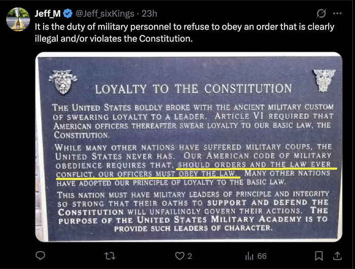 Tweet highlighting loyalty to the Constitution and refusal to obey illegal orders amid Trump&rsquo;s disobey POTUS rant online.