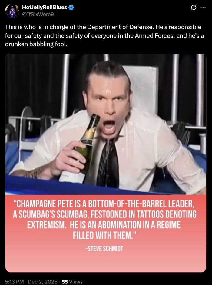 Man in soaked white shirt holding bottle, with text criticizing authoritarian post and disobey POTUS rant online.