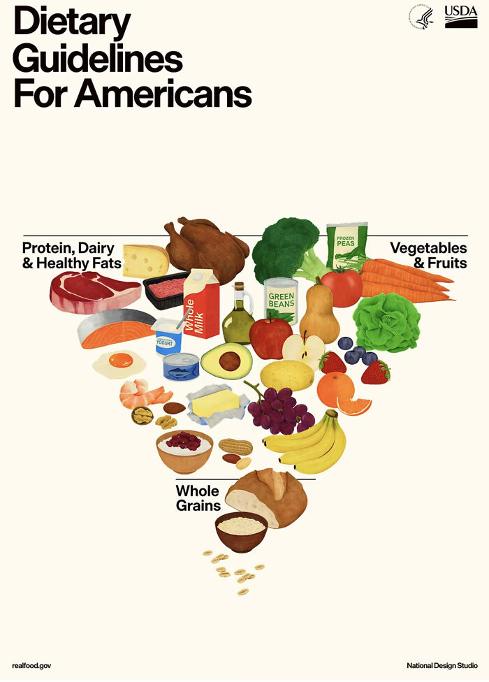 Image of a balanced food pyramid illustrating protein, dairy, healthy fats, whole grains, vegetables, and fruits.