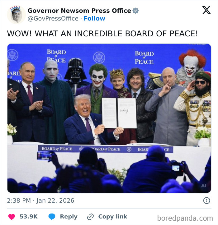 Trump holding a signed document at a board of peace event with various fictional and real characters behind him.