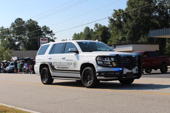 Lee County sheriff vehicle with flashing lights on a street related to arrests after deceased dogs found by tradesman.