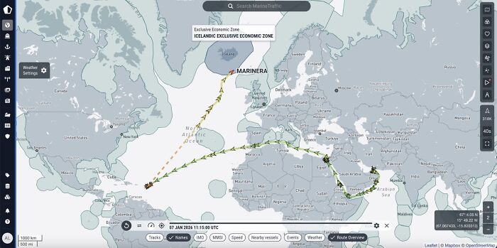 Interactive map showing tracked route of Russian-flagged oil tanker across Mediterranean and North Atlantic toward U.S. coast