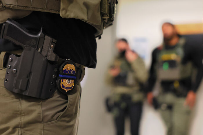 ICE officer wearing tactical gear with badge visible, highlighting criticism of ICE Gestapo tactics in current discussions.