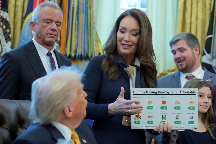 Secretary of Agriculture presenting affordable $3 meal chart to officials in a formal meeting room setting.