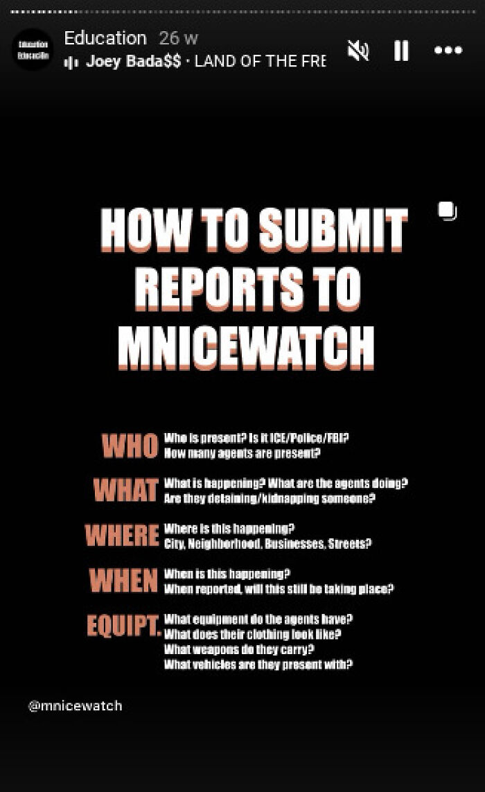 Instructions on how to submit reports to MNIICEWATCH to disrupt ICE raids shared for community safety.