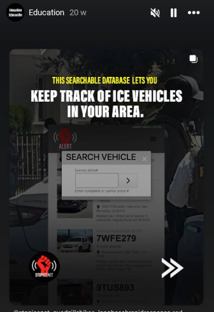 Searchable database interface showing how to keep track of ICE vehicles to disrupt ICE raids in local areas.