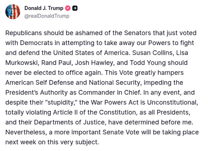 Tweet from Donald J. Trump criticizing Senate war powers resolution restricting use of force in Venezuela.