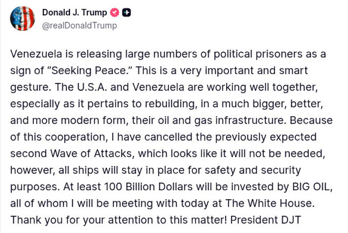 Screenshot of Donald J. Trump&rsquo;s tweet discussing Venezuela, oil infrastructure, and U.S. cooperation relevant to the Maduro operation benefits.