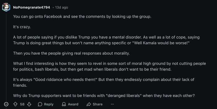 Commenter discussing Trump supporters feeling sad and confused after friends bail, facing harsh backlash online.