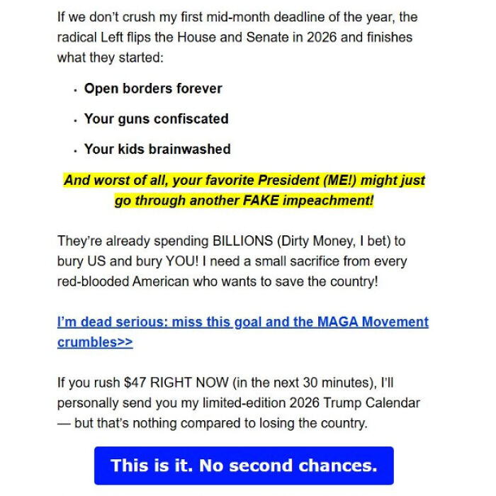 Email showing Trump warning supporters about MAGA crumbling and urging donations to prevent political defeat.