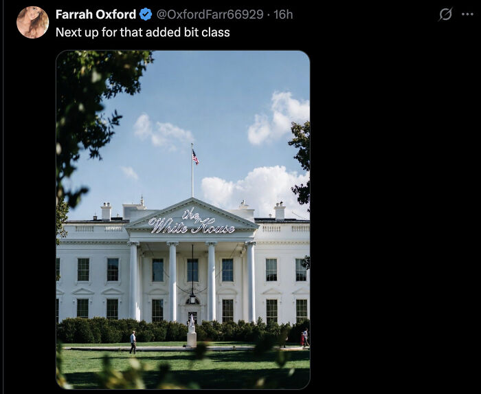 White House with a new scripted sign on the facade, highlighting Donald Trump&rsquo;s added branding touch.