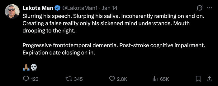Tweet text describing Donald Trump grunting and jerking during speech with slurred speech and cognitive decline concerns.