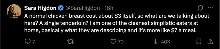 Tweet screenshot by Sara Higdon questioning the $3 meal claim by the Secretary of Agriculture, sparking internet debate.