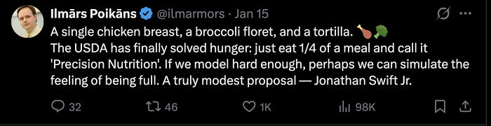 Tweet criticizing the Secretary of Agriculture's $3 meal plan featuring chicken, broccoli, and a tortilla causing internet backlash.