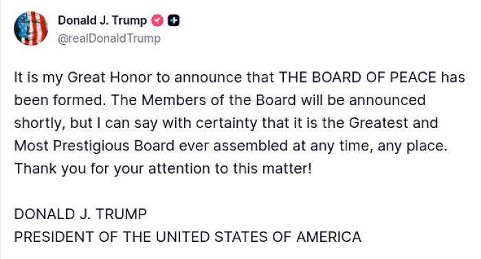 Tweet from Donald J. Trump announcing the formation of the peace board related to Putin&rsquo;s Gaza invite.