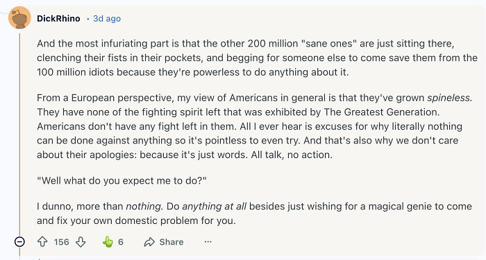 Reddit user criticizes Americans for apologizing instead of taking action in viral Greenland post discussing mindset and behavior.