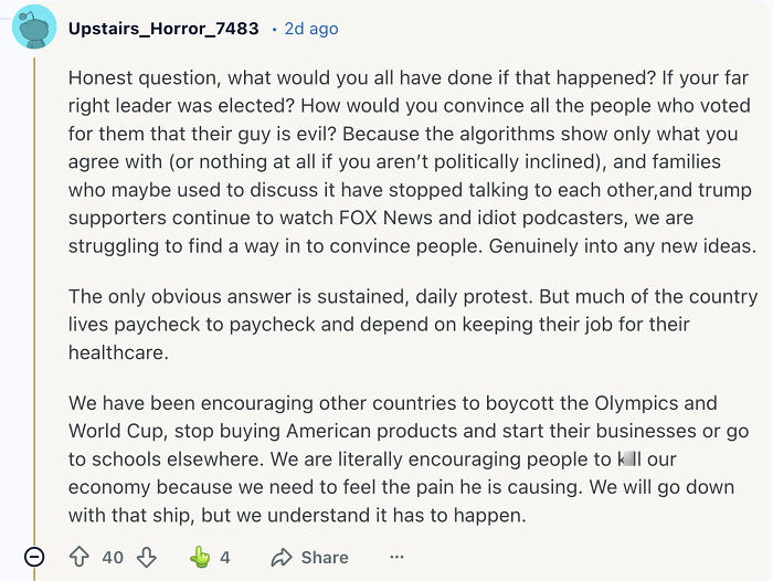 Reddit post from Greenland urges Americans to stop apologizing amid ongoing political and social challenges.