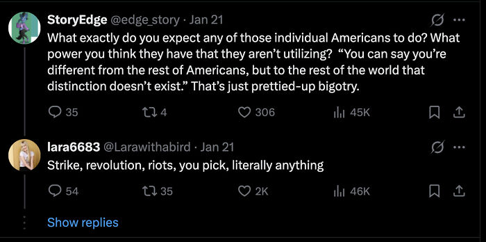 Reddit thread discussing Americans, bigotry, and reactions, linked to viral Greenland post on stopping apologies.