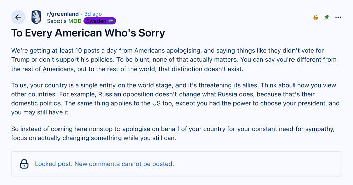 Reddit post from Greenland telling Americans to stop apologizing and focus on change instead of sympathy.