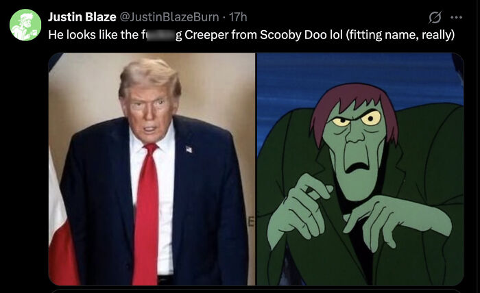 Split image showing Donald Trump in a suit and red tie beside the Creeper character from Scooby Doo, viral Davos photo comparison.