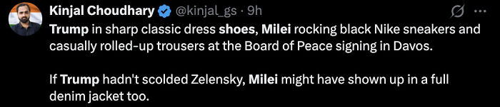 Trump in classic dress shoes and Milei in black Nike sneakers with rolled-up trousers at Davos Board of Peace signing event.