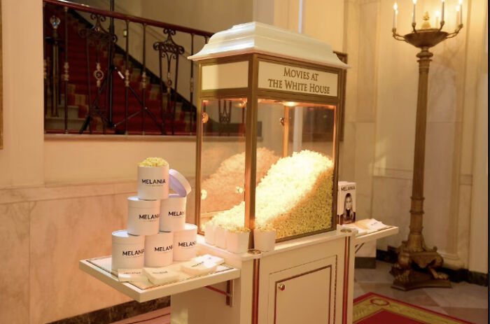 Popcorn machine and branded cups at Melania Trump gaudy documentary screening event inside the White House.
