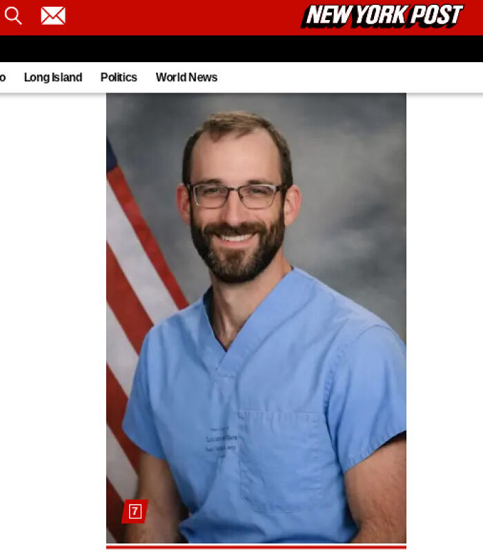 Alex Pretti posing in blue medical scrubs with glasses, amid controversy over AI-altered image media fixes.