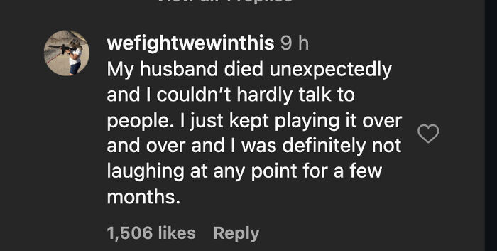 Comment on social media describing grief and inability to talk after husband&rsquo;s unexpected death during viral audio of Erika Kirk celebrating Charlie Kirk memorial sales.