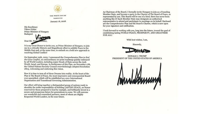 Letter from Donald Trump urging world leaders to endorse the Board of Peace at Davos ceremony for global unity.