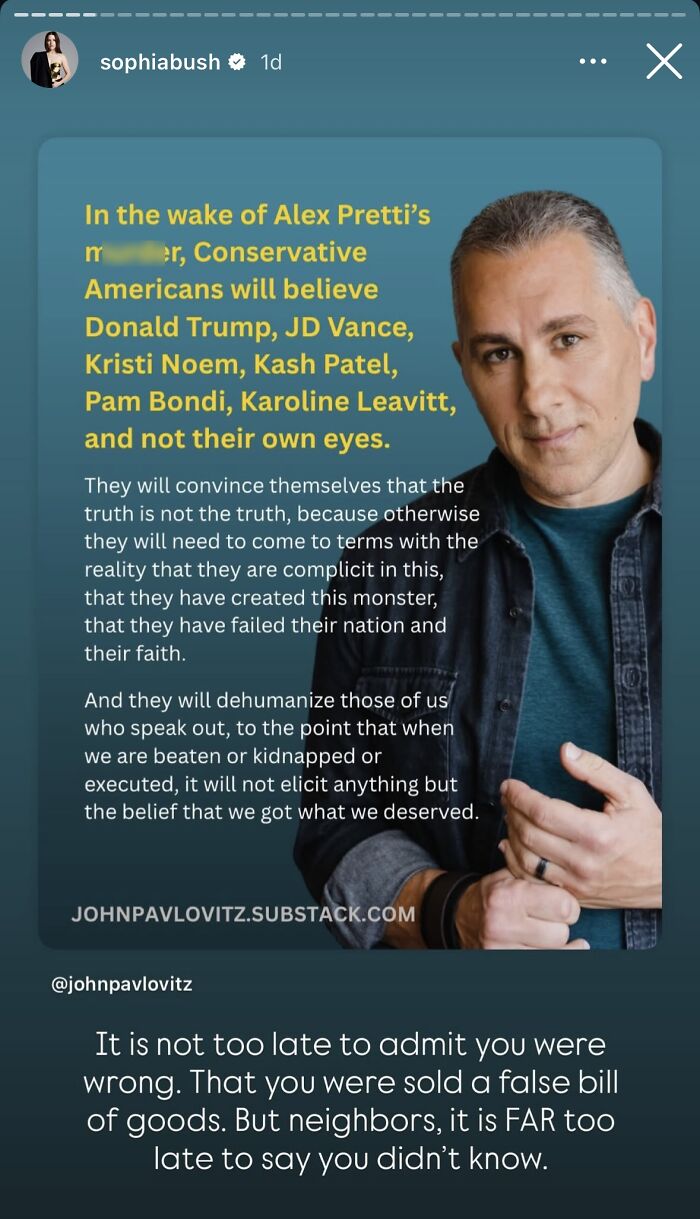 Man in casual wear sharing a message about Alex Pretti and celebrities voicing outrage at ICE after the shooting.