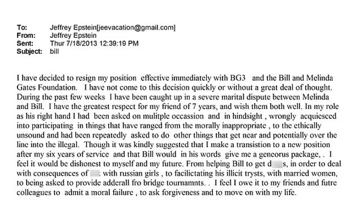 Email excerpt mentioning Bill Gates and Epstein, discussing resignation, Russian girls, and disturbing Bill Gates details emerging.