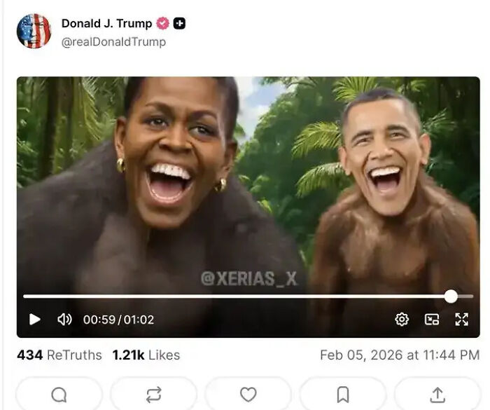 Screenshot of a social media post showing manipulated video of Barack and Michelle Obama depicted as apes.