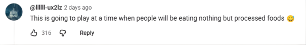 Comment on Mike Tyson&rsquo;s Super Bowl MAHA ad discussing timing and processed foods, with 316 likes and a smile emoji.