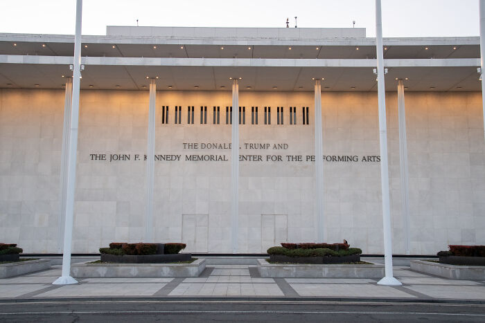Kennedy Center facade with columns and signage before announced closure for two-year renovation by Trump administration.