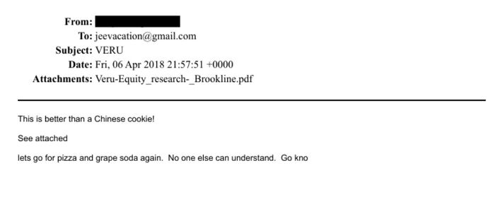 Email screenshot showing text referencing pizza and grape soda among Epstein file dump documents.