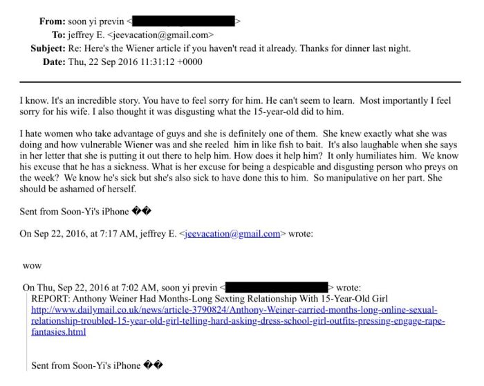 Email excerpt revealing Woody Allen&rsquo;s wife criticized #MeToo and a teen victim in newly released Epstein-related messages.